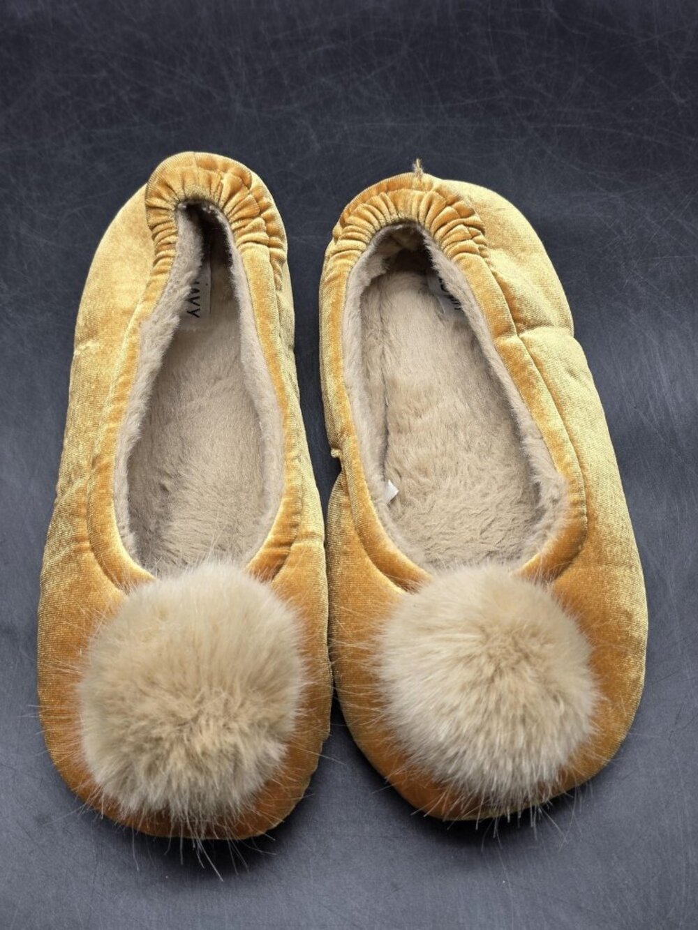 Old Navy Slippers Shoes Womens Size 10.5 Gold Pom Pom Velour Ballet Cozy House